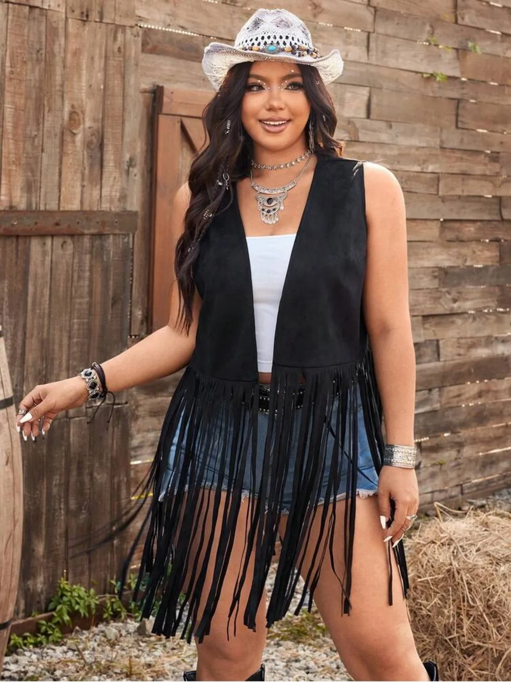 Black Fringe Suede Vest festival boho sleeveless women - Picture 5 of 6